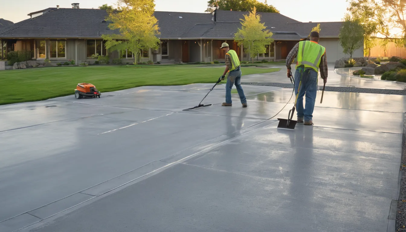 A new concrete driveway leading to a brick ranch home in Blaine on a sunny morning