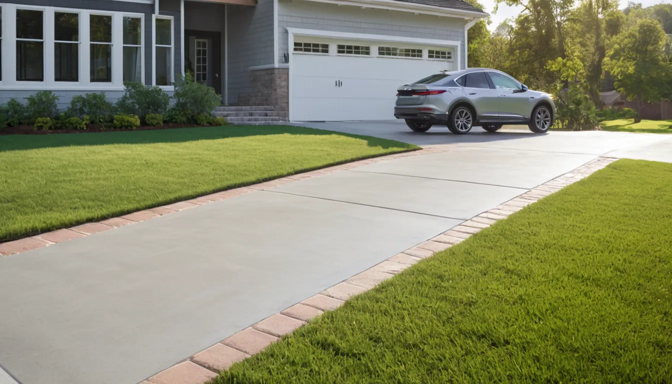 A freshly poured concrete driveway beside a brick ranch home in Blaine